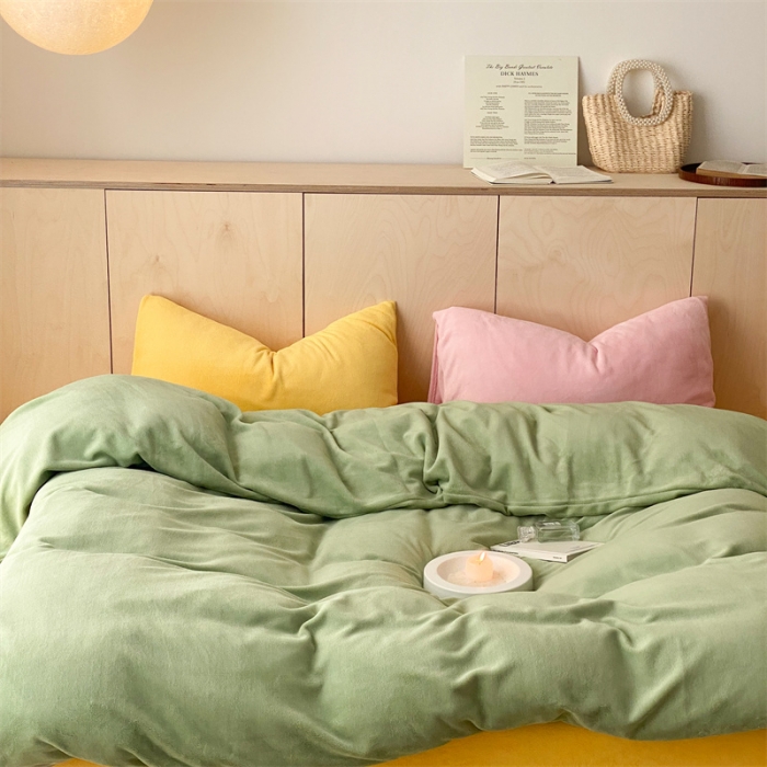 91家纺网 家纺一手货源 找家纺 时光里2022新款纯色混搭18色系列四件套 豆绿配黄粉黄