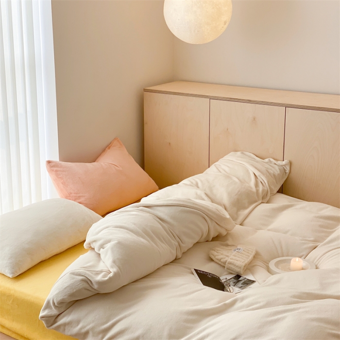 91家纺网 家纺一手货源 找家纺 时光里2022新款纯色混搭18色系列四件套 奶白配黄玉白