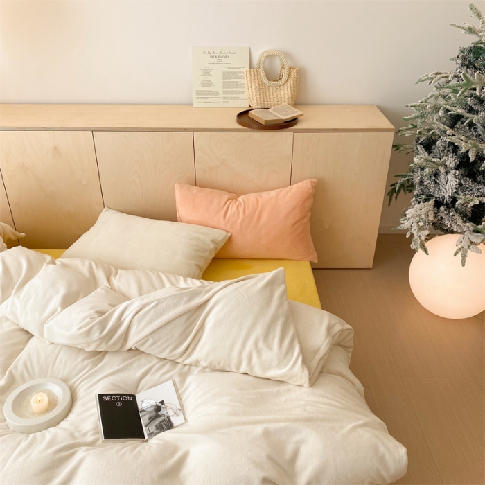 91家纺网 家纺一手货源 找家纺 时光里2022新款纯色混搭18色系列四件套 奶白配黄玉白