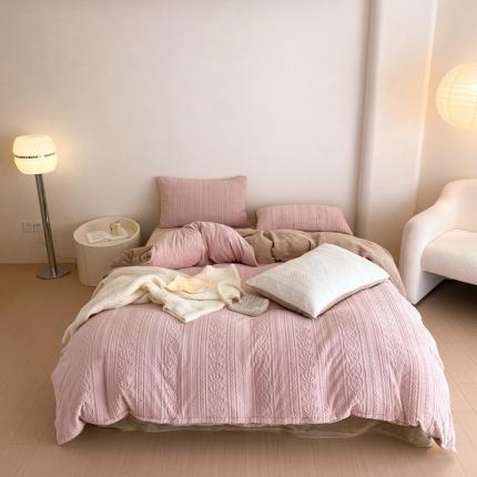 梦享生活 新款加厚牛奶雕花绒四件套 花枝-粉（普通款）