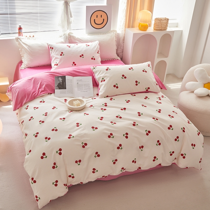 91家纺网 家纺一手货源 找家纺 怡家居 2022秋冬A版棉B版水晶绒四件套 樱桃多多