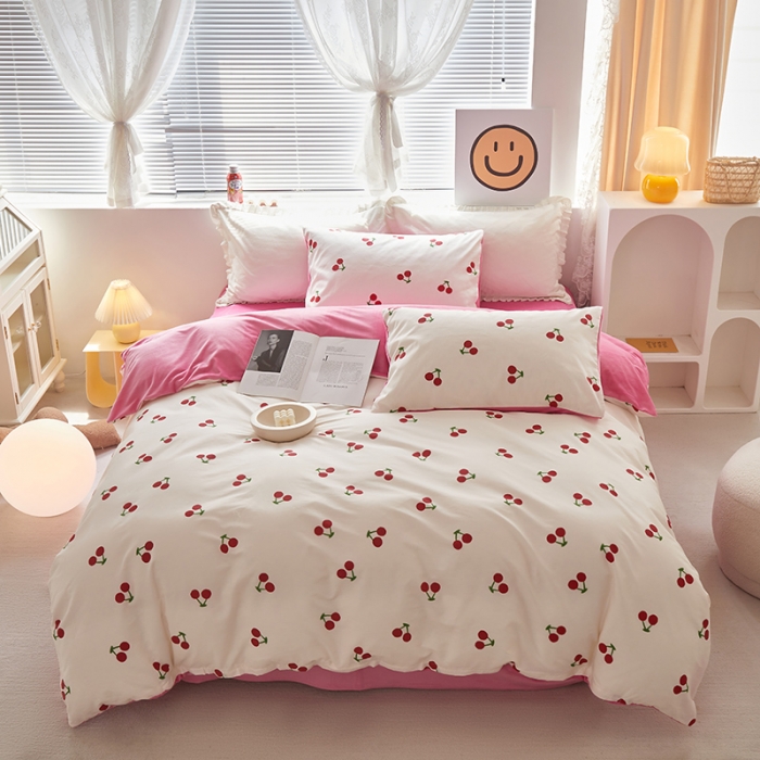 91家纺网 家纺一手货源 找家纺 怡家居 2022秋冬A版棉B版水晶绒四件套 樱桃多多