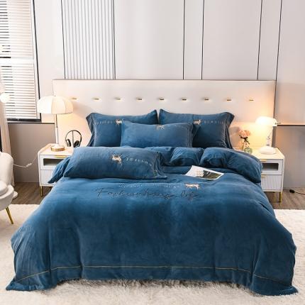 91家纺网 家纺一手货源 找家纺 金麦2022新款230克全消光A类牛奶绒四件套- 梦鹿月光蓝