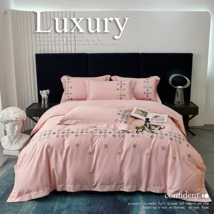 91家纺网 家纺一手货源 找家纺 宅家居 180支阿克苏长绒棉刺绣全棉四件套-芙尼系列 樱花粉