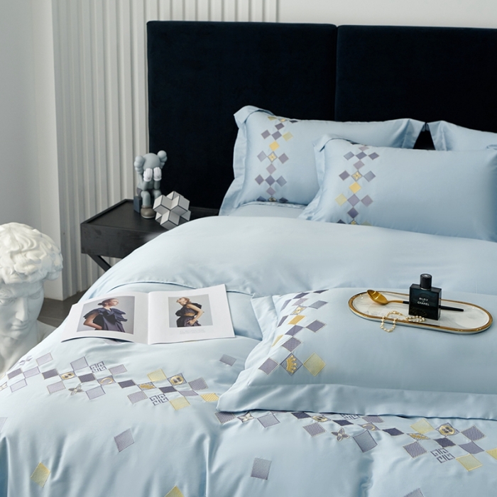 91家纺网 家纺一手货源 找家纺 宅家居 180支阿克苏长绒棉刺绣全棉四件套-芙尼系列 纯净蓝