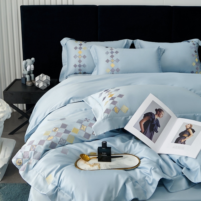 91家纺网 家纺一手货源 找家纺 宅家居 180支阿克苏长绒棉刺绣全棉四件套-芙尼系列 纯净蓝