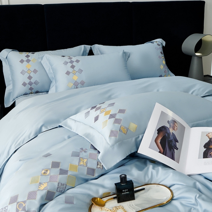 91家纺网 家纺一手货源 找家纺 宅家居 180支阿克苏长绒棉刺绣全棉四件套-芙尼系列 纯净蓝