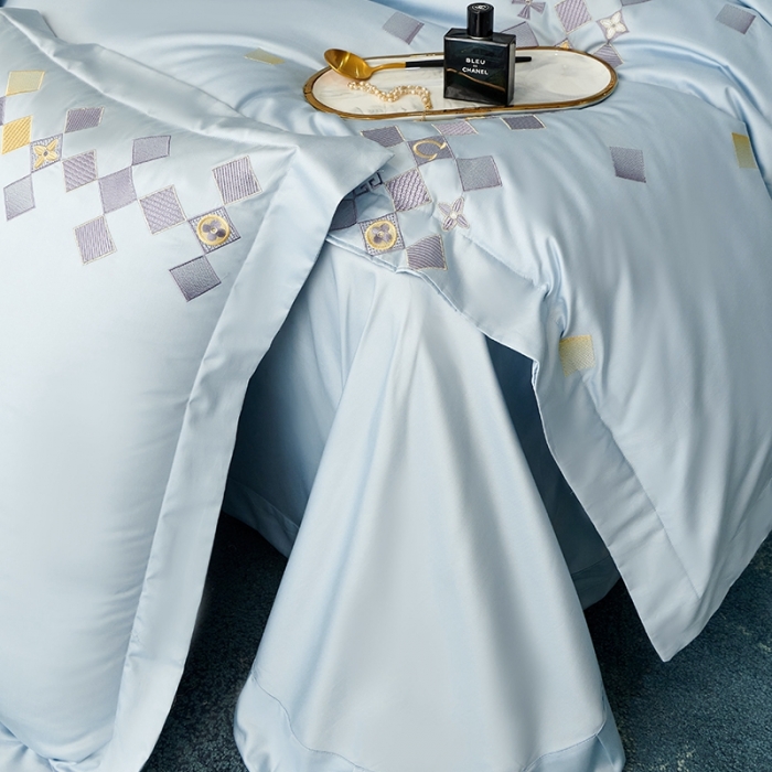 91家纺网 家纺一手货源 找家纺 宅家居 180支阿克苏长绒棉刺绣全棉四件套-芙尼系列 纯净蓝