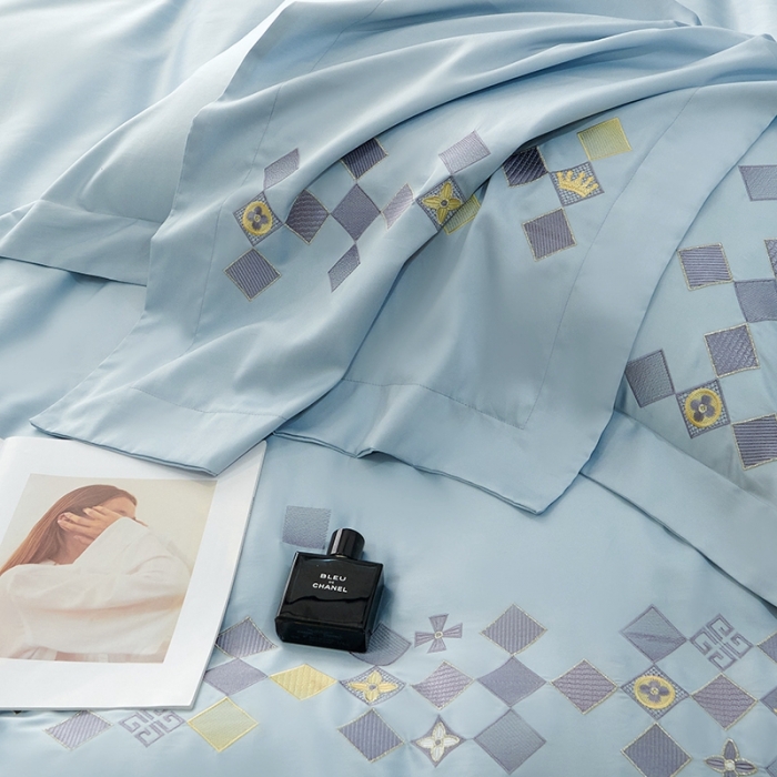 91家纺网 家纺一手货源 找家纺 宅家居 180支阿克苏长绒棉刺绣全棉四件套-芙尼系列 纯净蓝