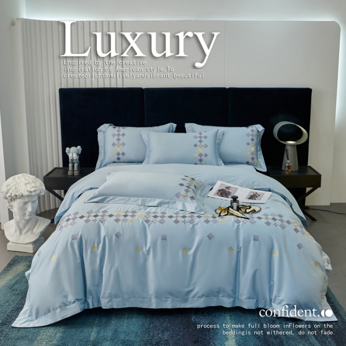 91家纺网 家纺一手货源 找家纺 宅家居 180支阿克苏长绒棉刺绣全棉四件套-芙尼系列 纯净蓝