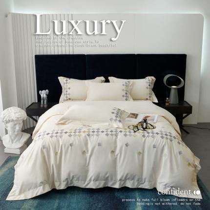 宅家居 180支阿克苏长绒棉刺绣全棉四件套-芙尼系列 奶昔白