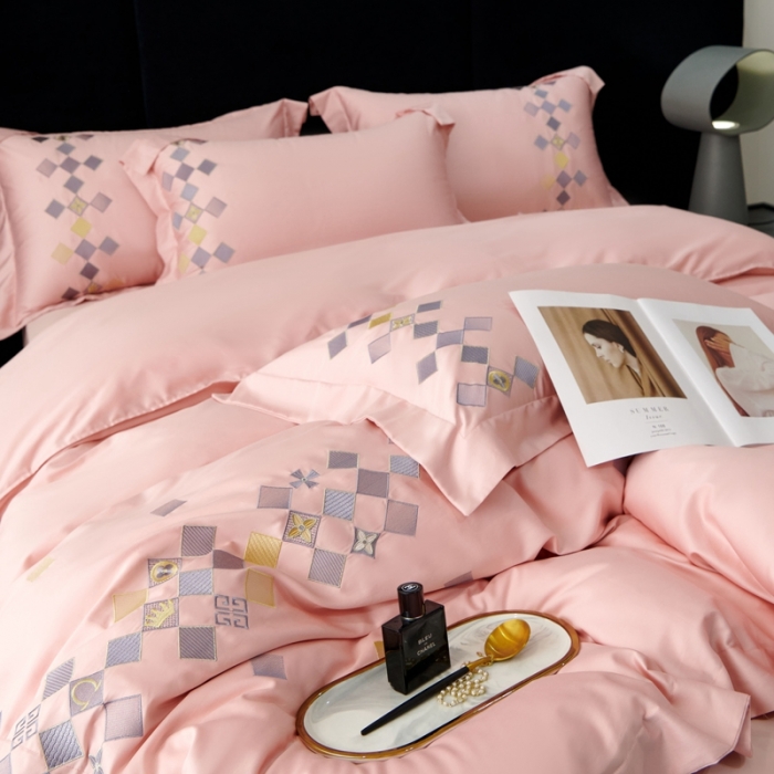 91家纺网 家纺一手货源 找家纺 宅家居 180支阿克苏长绒棉刺绣全棉四件套-芙尼系列 樱花粉