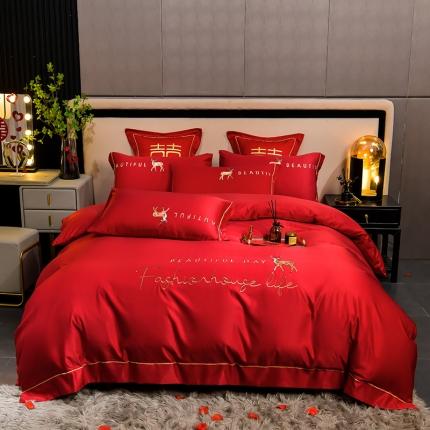 91家纺网 家纺一手货源 找家纺 卓缦新款加厚磨毛婚庆婚庆被大红喜被四件套 一路有你-大红