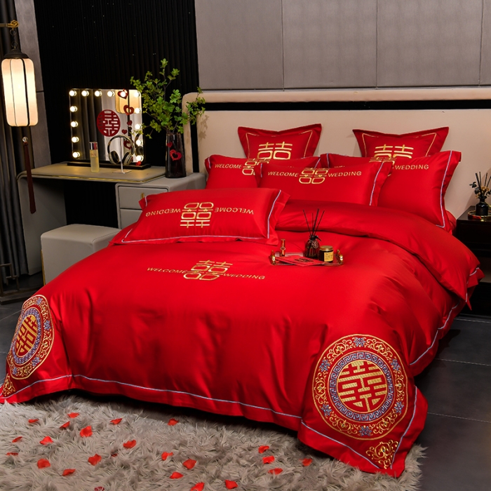 91家纺网 家纺一手货源 找家纺 卓缦2024新款加厚磨毛婚庆婚庆被大红喜被四件套 满心欢喜