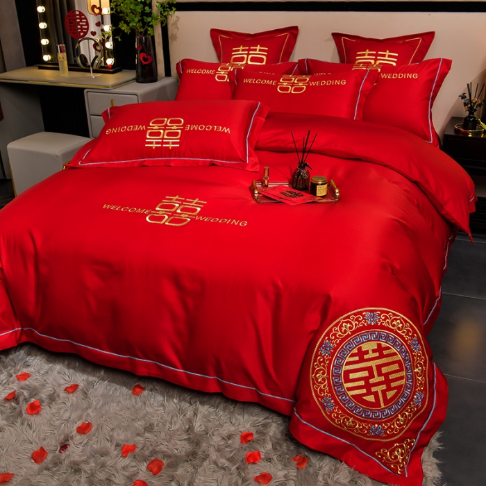 91家纺网 家纺一手货源 找家纺 卓缦2024新款加厚磨毛婚庆婚庆被大红喜被四件套 满心欢喜
