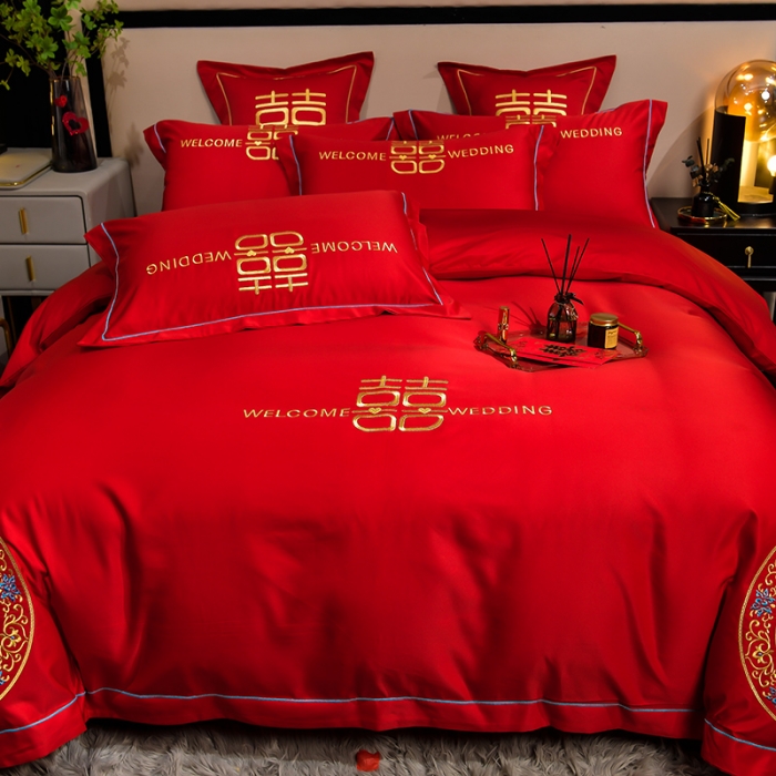 91家纺网 家纺一手货源 找家纺 卓缦2024新款加厚磨毛婚庆婚庆被大红喜被四件套 满心欢喜