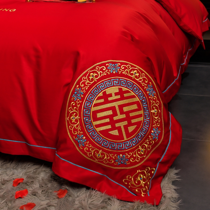 91家纺网 家纺一手货源 找家纺 卓缦2024新款加厚磨毛婚庆婚庆被大红喜被四件套 满心欢喜