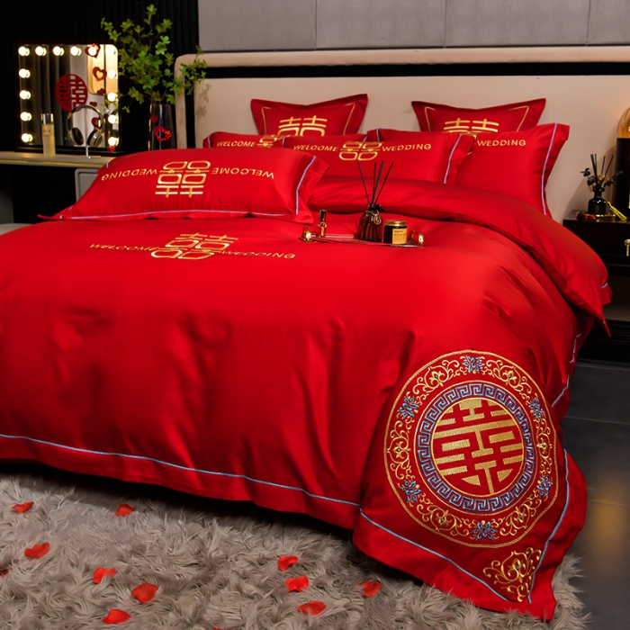 91家纺网 家纺一手货源 找家纺 卓缦2024新款加厚磨毛婚庆婚庆被大红喜被四件套 满心欢喜