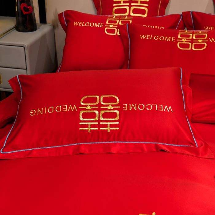 91家纺网 家纺一手货源 找家纺 卓缦2024新款加厚磨毛婚庆婚庆被大红喜被四件套 满心欢喜