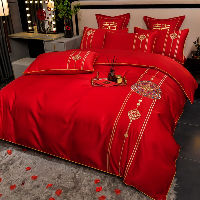 91家纺网 家纺一手货源 找家纺 卓缦2023新款加厚磨毛婚庆四件套婚庆被大红喜被 永结同心