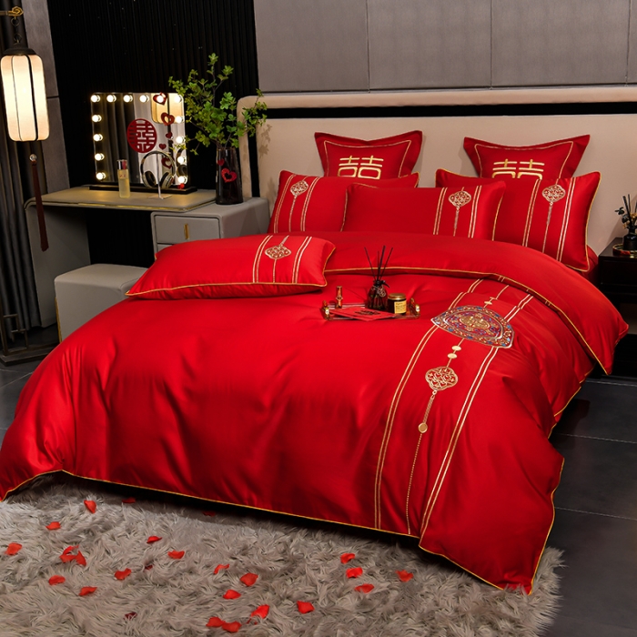 91家纺网 家纺一手货源 找家纺 卓缦2023新款加厚磨毛婚庆四件套婚庆被大红喜被 永结同心