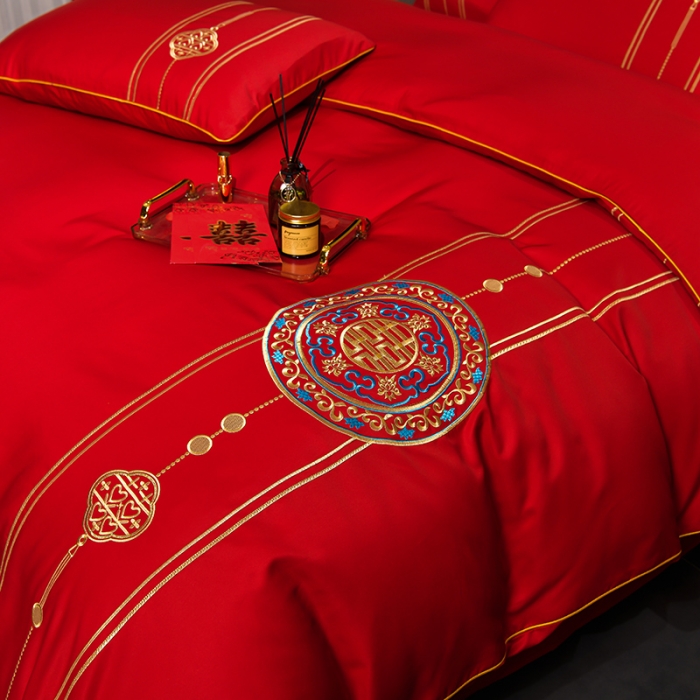 91家纺网 家纺一手货源 找家纺 卓缦2023新款加厚磨毛婚庆四件套婚庆被大红喜被 永结同心