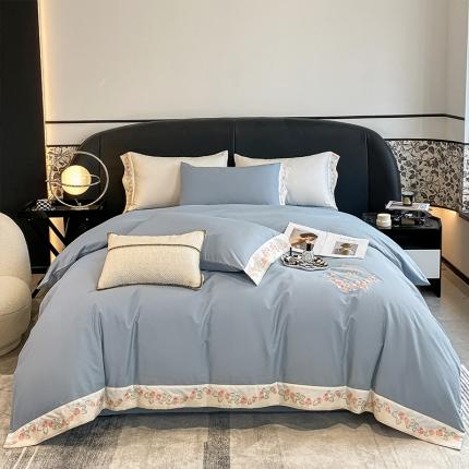 91家纺网 家纺一手货源 找家纺 理想家 2022新款全棉磨毛绣花四件套-秘密花园 蓝