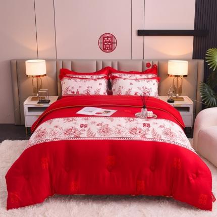 91家纺网 家纺一手货源 找家纺 金麦2022新款数码印花水洗棉婚庆被大红喜被 缘定三生