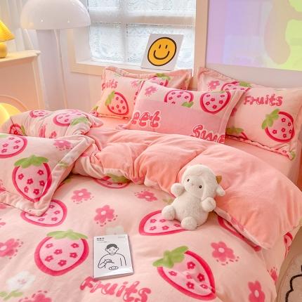 91家纺网 家纺一手货源 找家纺 花伞 2024新款加厚牛奶绒保暖四件套 粉色情人