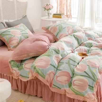 91家纺网 家纺一手货源 找家纺 菊上 2022新款法式花边款-棉加绒四件套 朵啦