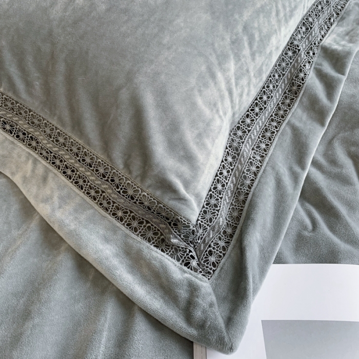 91家纺网 家纺一手货源 找家纺 榻尚 新款新款婴儿绒牛奶绒纯色镂空高端绒四件套 银河灰
