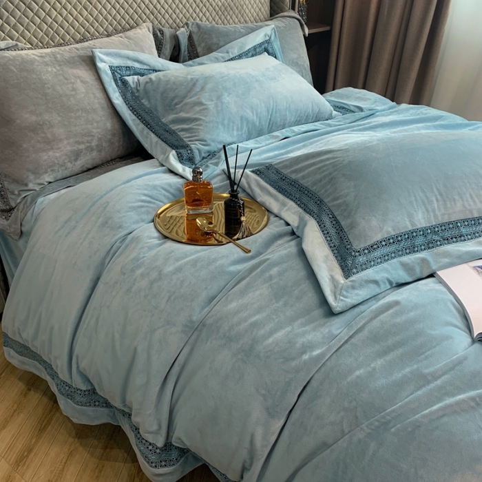 91家纺网 家纺一手货源 找家纺 榻尚 新款新款婴儿绒牛奶绒纯色镂空高端绒四件套 月光绿