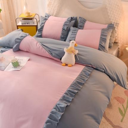 91家纺网 家纺一手货源 找家纺 （总）2023新款韩版公主风水洗棉拼色灰色花园系列四件套