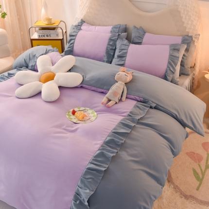 91家纺网 家纺一手货源 找家纺 （总）2023新款韩版公主风水洗棉拼色灰色花园系列四件套