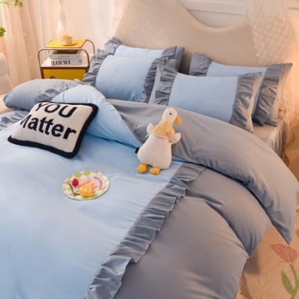 2023新款韩版公主风水洗棉拼色灰色花园系列四件套 灰色花园 浅蓝