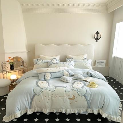 91家纺网 家纺一手货源 找家纺 馨蕊 2022新款轻奢煦暖绒四件套彩虹兔 彩虹兔-蓝