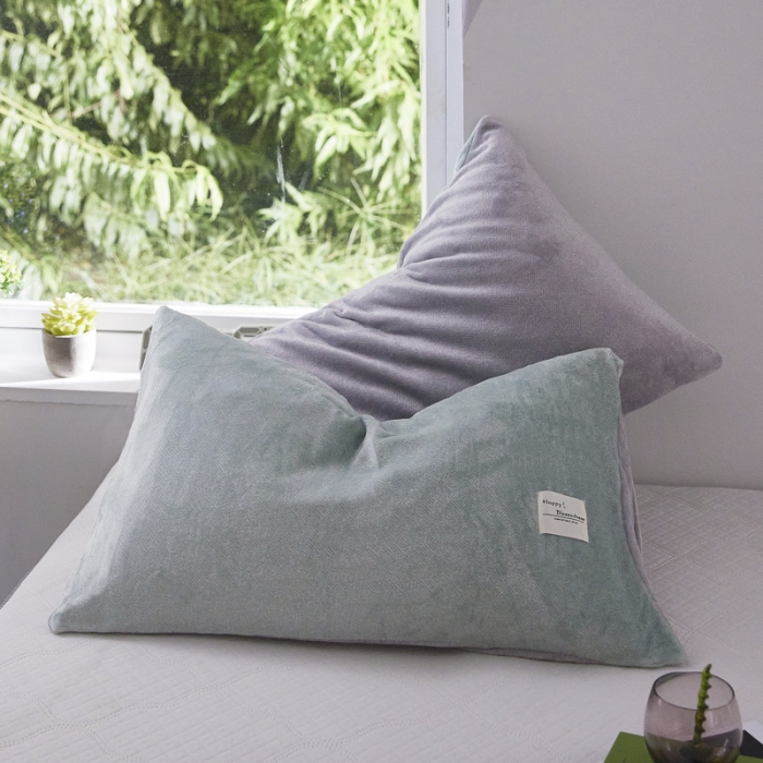 91家纺网 家纺一手货源 找家纺 爱港 2023冬季新款加厚牛奶绒法莱绒肌理纹枕套 绿+灰