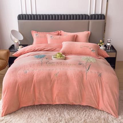 91家纺网 家纺一手货源 找家纺 （总）靓生活 新款纯色牛奶绒绣花小清新床裙四件套-初遇