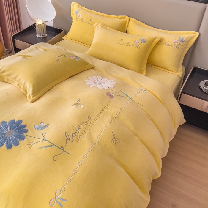 91家纺网 家纺一手货源 找家纺 （总）靓生活 新款纯色牛奶绒绣花小清新床裙四件套-初遇