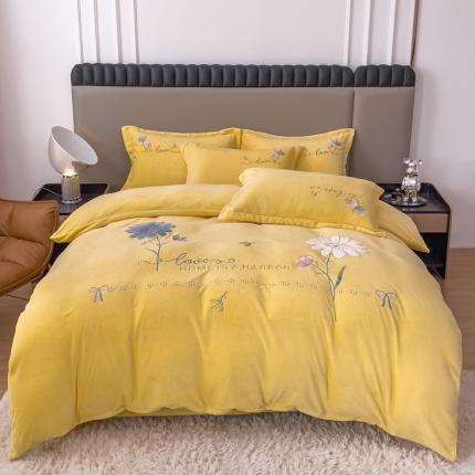 靓生活 2022新款纯色牛奶绒绣花小清新床裙四件套-初遇 奶油黄