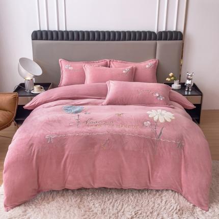 靓生活 2022新款纯色牛奶绒绣花小清新床裙四件套-初遇 豆沙