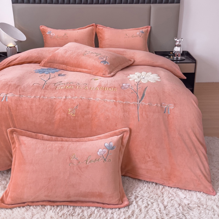 91家纺网 家纺一手货源 找家纺 靓生活 2022新款纯色牛奶绒绣花小清新床裙四件套-初遇 桔色