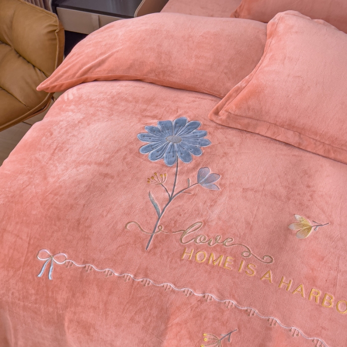 91家纺网 家纺一手货源 找家纺 靓生活 2022新款纯色牛奶绒绣花小清新床裙四件套-初遇 桔色