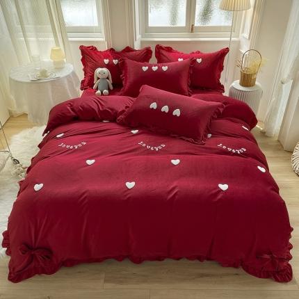 91家纺网 家纺一手货源 找家纺 金米诺 2022直播供货韩版花边纯色牛奶绒水晶四件套 樱桃红