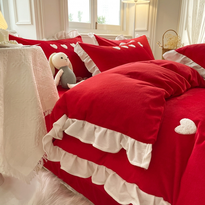 91家纺网 家纺一手货源 找家纺 金米诺 2022直播供货韩版花边纯色牛奶绒水晶四件套 大红