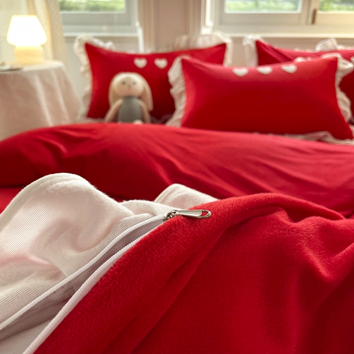 91家纺网 家纺一手货源 找家纺 金米诺 2022直播供货韩版花边纯色牛奶绒水晶四件套 大红