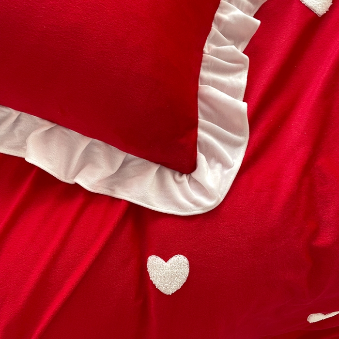 91家纺网 家纺一手货源 找家纺 金米诺 2022直播供货韩版花边纯色牛奶绒水晶四件套 大红