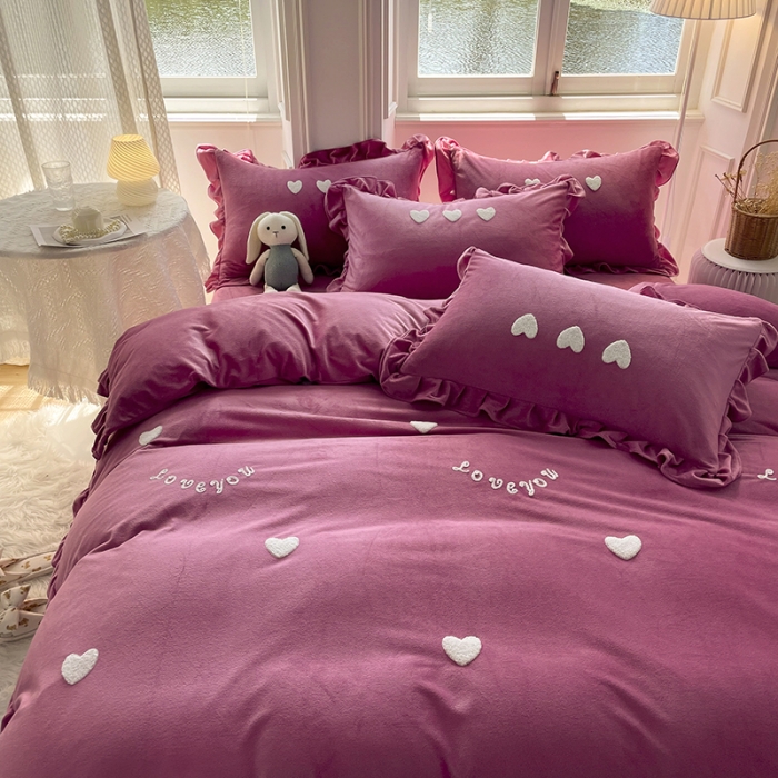 91家纺网 家纺一手货源 找家纺 金米诺 2022直播供货韩版花边纯色牛奶绒水晶四件套 豆沙色