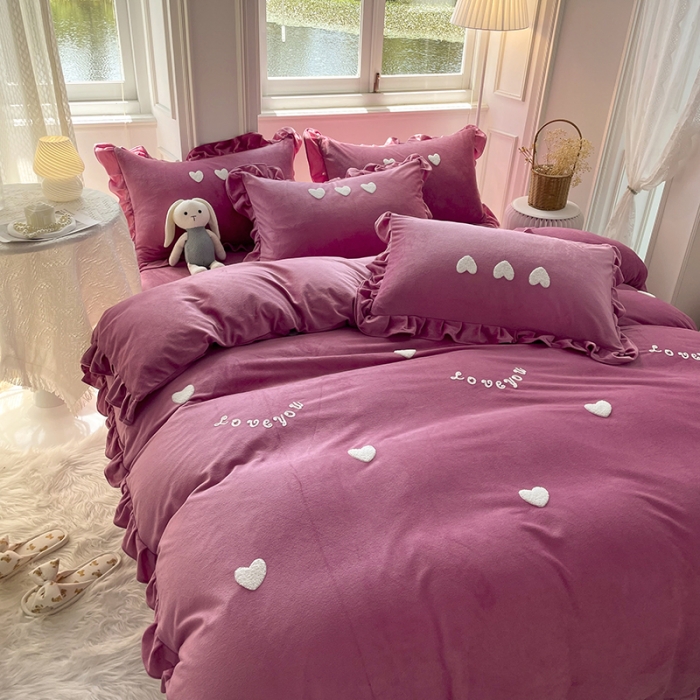 91家纺网 家纺一手货源 找家纺 金米诺 2022直播供货韩版花边纯色牛奶绒水晶四件套 豆沙色