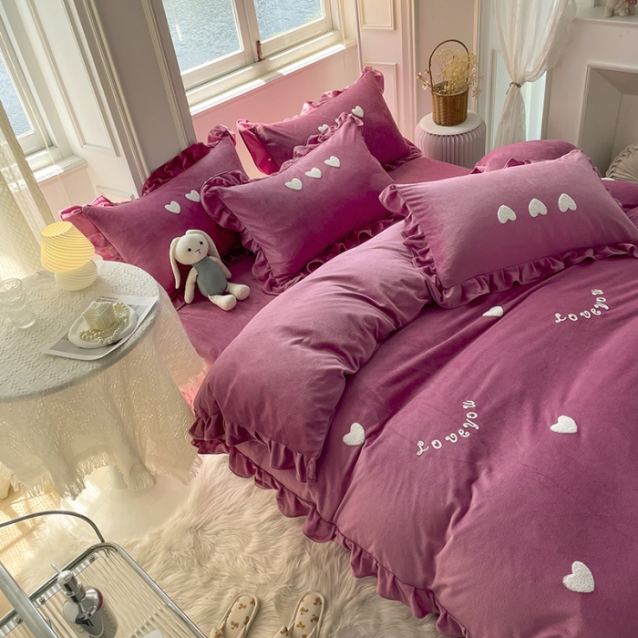 91家纺网 家纺一手货源 找家纺 金米诺 2022直播供货韩版花边纯色牛奶绒水晶四件套 豆沙色